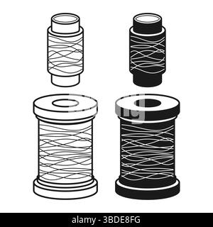 Einfache Gewindespule, flach, schwarz und konturiert. Fadenspule zum Nähen von Kleidung. Stock Vektor