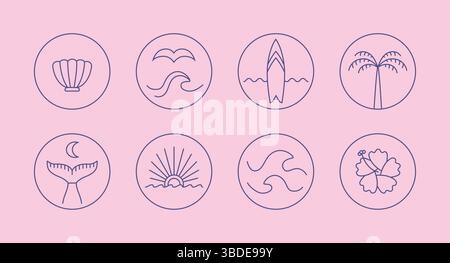 Line Rundreisen, Surfen, Abenteuer, Paradies Vektor-Abzeichen Set für Logo, t hirt, Merch Design. Surfen, Paradiesschilder. Stock Vektor
