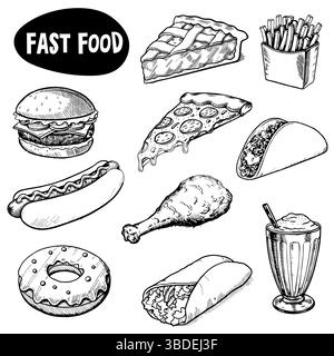 Eine Sammlung von Fast Food-Artikeln, darunter Hamburger, Pizzascheiben, Hot Dog, Taco, gebratenes Huhn, Donut, Milchshake und Pommes. Alle Elemente sind Stock Vektor
