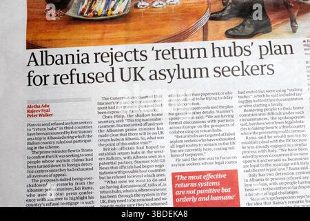 "Albanien lehnt den Plan "Return Hubs" für abgelehnte britische Asylbewerber ab." Guardian-Zeitung Schlagzeile Keir Starmer EDI Rama Tirana artikel London 16 Mai 2025 Stockfoto