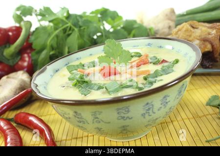Currysuppe mit Hühnchen, Paprika, Kokosmilch, Frühlingszwiebeln, Chili und Shii nehmen Pilze Stockfoto