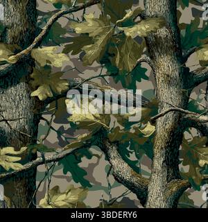 Moos Oak Tree nahtloses Muster mit Camouflage, nahtloses Muster aus echtem Baumwald für Jagd- und Militäruniform. Jagdcamo Stock Vektor