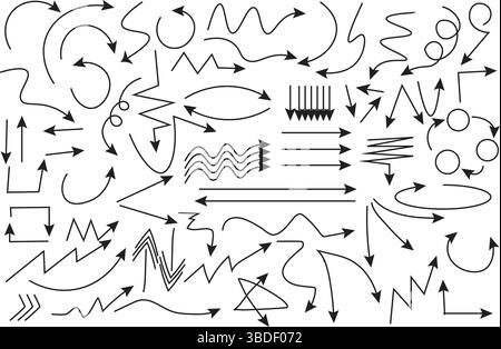 Set von handgezeichneten Doodle-Pfeilen - Vector Collection, kreative Schwarzweiß-Sketch-Pfeile, vielseitige handgezeichnete Richtungszeiger. Stock Vektor