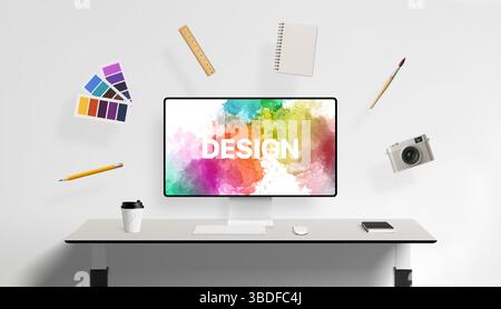 Design-Bildschirm umgeben von schwebenden kreativen Werkzeugen wie Bleistift, Farbpalette, Lineal, Notizbuch, Pinsel, und Kamera Stockfoto