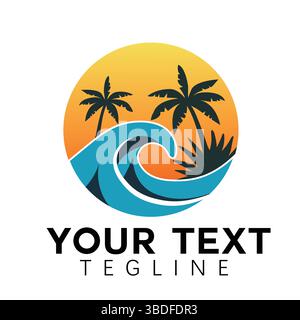 Palmenbaum-Logo-Design mit Wasserwelle – tropisches Strand-Vektor-Symbol Stock Vektor