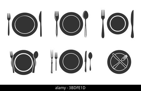 Teller mit Besteck svg, Teller Gabellöffelmesser svg, Teller mit Bestecksilhouette, Restaurant-Logo svg, leerer Teller und Besteck svg Stock Vektor