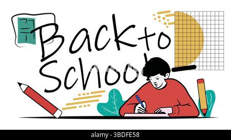 Zurück zu Schuljunge, der in Notizbuch schreibt – rote Pullover Vektor-Illustration Stock Vektor