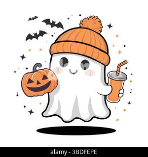 Fröhlicher Halloween-Geist mit orangefarbener Mütze, die Getränk hält und Kürbis süße Zeichentrickillustration für T-Shirt-Design Stock Vektor