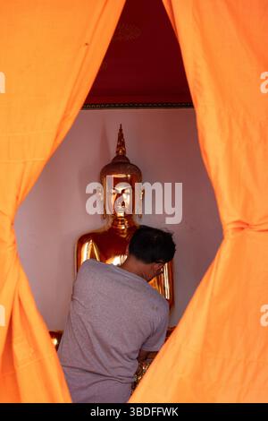 Bangkok, Thailand. März 2025. Ein goldenes Buddha-Bild, bedeckt mit orangefarbenem Tuch zur Vorbereitung der Reinigung im Wat Pho Tempel Komplex, bekannt für den Stockfoto