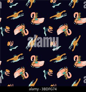 Buntes Meerjungfrauen- und Meeresbewohner-Muster auf dunklem Hintergrund. Stock Vektor