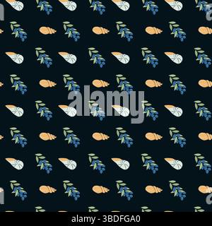 Design mit Muscheln und Blattstickern im Sommerurlaub für kreative Projekte. Stock Vektor