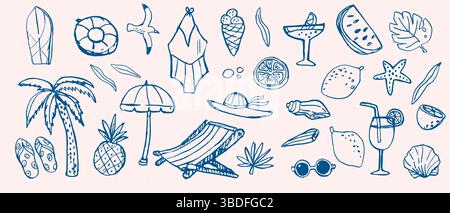 Handgezeichnete Strandsymbole mit tropischen Elementen und Sommeraktivitäten. dolce vita Sommer Kritzelvektor Illustration. Italienischer Stil. Stock Vektor