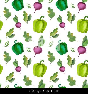 Nahtloses Aquarellmuster mit Gemüse. Illustration Pfeffer, Auberginen, Tomaten, Karotten, handgezeichnet. Vegetarische Diätkost mit Vitaminen Stockfoto