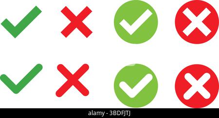 Grünes Häkchen Rotes Kreuz: Symbole für die Ablehnung von Genehmigungen, Häkchen und X-Symbole: Falsche Anzeigen korrigieren, Symbole für Bestätigungsfehler: Moderne UI-Elemente. Stock Vektor