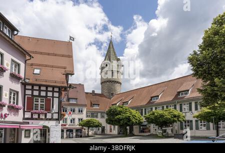 Deutschland - 21. Juni 2020: Historische Altstadt Ravensburg mit dem Grunturm aus dem 15. Jahrhundert Stockfoto