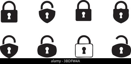 Symbolgruppe „Sperren“. Vorhängeschloss geöffnet und geschlossen. Symbol „gesperrt“ und „entsperrt“. Sicherheitssymbol. Vektorabbildung Stock Vektor