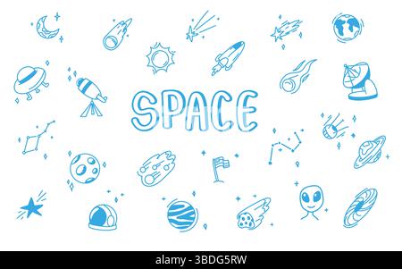 Handgezeichneter Hintergrund. Umfasst Doodle-Planeten, Mond, Sonne, Sterne und Raumschiff. Buntstift- und Bleistiftstil. Ideal für Kindermotive, Tapeten Stock Vektor
