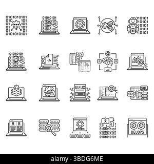 Schwarze Symbole für die Softwareentwicklung für digitale und gedruckte Projekte. Minimale bereinigte Symbole für Apps und Websites. Moderne einfache Symbole für UI UX und Stock Vektor