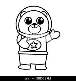 Astronaut Bär Umriss Vektor Illustration. Dies ist eine schwarz-weiße Strichgrafik-Illustration eines Zeichentrickbären, der als Astronaut gekleidet ist. Stock Vektor