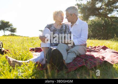 Seniorenpaar genießt ein romantisches Picknick auf sonniger Wiese Stockfoto