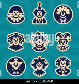 Clownaufkleber Set in Retro Farben flache Vektor-Illustration. Stock Vektor
