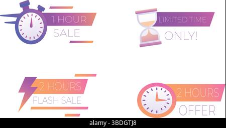 Flash-Verkaufs-Symbole für begrenzte Zeit – Sanduhr- und Uhrenvektoretiketten Stock Vektor