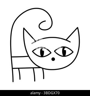 Skurrile Cartoon Katze Outline Vektor-Illustration. Diese minimalistische schwarz-weiße Vektorzeichnung stellt eine stilisierte und schrullige Katze dar. Stock Vektor