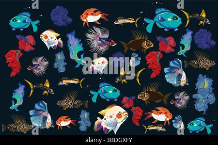 Lebendige tropische Fisch-Aquarium-Szene bunte Unterwasserillustration mit verschiedenen Wasserlebewesen Stock Vektor