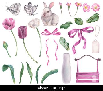 Frühlingsset aus Tulpen, Primula-Blüten, grünen Blättern, Häschen, Bögen und Schmetterlingen. Handgezeichnete Aquarellklammerkunst floraler Elemente auf isolierten Stockfoto