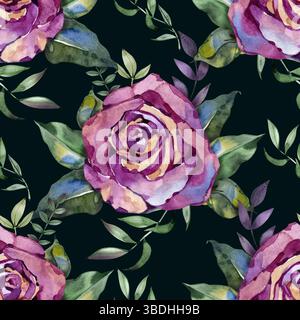 Violette Rosenblüten in Aquarellfarben. Nahtloses Design. Modern, Bauernhaus, eklektisch. Blumenmuster mit Rosenaquarell. Stockfoto