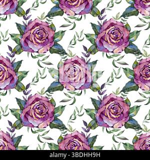 Violette Rosenblüten in Aquarellfarben. Nahtloses Design. Modern, Bauernhaus, eklektisch. Blumenmuster mit Rosenaquarell. Stockfoto