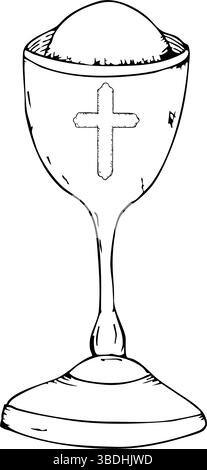 Heilige Abendmahlsillustartion mit Kelch und Gastgebersymbol für religiöse Zeremonie. Schwarze Umrisse, weißer Hintergrund. Religiöses Thema zuerst Stock Vektor