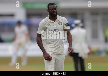 United Kingdom, Leicester, Upton Steel County Ground, 24. Mai 2025, Anderson Phillip von Lancashire während des zweiten Tages der Rothesay County Championship Division 2 Spiel zwischen Leicestershire County Cricket Club und Lancashire County Cricket Club, Upton Steel County Ground Leicester. Stockfoto