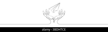 Eine Zeile Papier Flugzeug Hand Symbol Vektor Hintergrund. Papierflugzeug mit Händen Symbol. Durchgehende Kontur eines Symbols für die Hände des Papiers. Stock Vektor