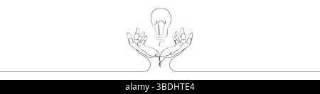 Eine Zeile Lampe Hand Symbol Vektor Hintergrund. Symbol für Glühlampe mit Händen. Durchgehende Kontur eines Glühlampensymbols für die Hände. Stock Vektor
