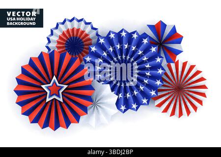 3D-Dekoration mit Papiersternen für Nationalfeiertage in den USA. Abstrakte Vektor-Designelemente für Banner, Poster, Einladung, Grußkarte. Mehrfarbige Einrichtung Stock Vektor
