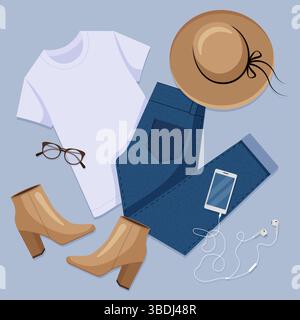 Freizeit-Outfit für Damen. T-Shirt, Jeans, Hut, Stiefel, Brille, Telefon mit Headset. Abbildung: Flache Lagen. Ansicht von oben nach unten. Stock Vektor