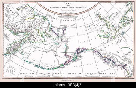 Dies ist eine verbesserte, restaurierte Reproduktion einer antiken Karte, die Asien und Europa um den Polarkreis kartiert. Es wurde um 1794 veröffentlicht. Originaltitel: Karte der nordamerikanischen Küste und der nordamerikanischen Küste Asiens, erforscht in den Jahren 1778 und 1779. Sie dokumentiert die Erkundungsrouten von Captain James Cooks Expeditionen im pazifischen Nordwesten und Nordostasien. Die Karte enthält historische Aufzeichnungen. Stockfoto