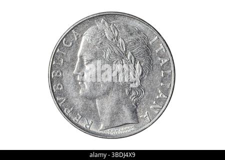 100 italienische Lire-Münze aus Italien der 1980er Jahre, graduierte Kopfseite mit Lorbeersymbol. Isoliert auf weißem Studiohintergrund. Archivsammlung Münze o Stockfoto