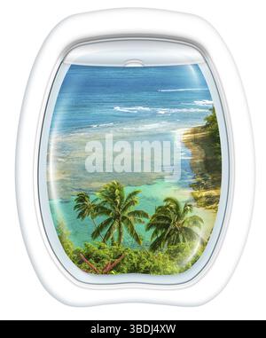 Flugzeugfenster auf Kee Beach, Kauai, Hawaii, USA, von einem Flugzeug durch das Bullauge. Kopierbereich, Nordamerika Stockfoto