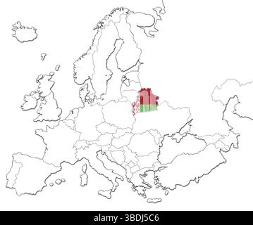 Die nationale belarussische Flagge auf der Karte Europas isoliert auf weißem Hintergrund Stockfoto