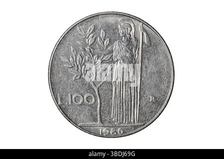 Hundert italienische Lira-Münze aus Italien der 1980er Jahre. Auf der Rückseite mit Minerva, römischer Kriegsgöttin. Isoliert auf weißem Studiohintergrund. Archivschule Stockfoto