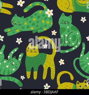 Skurrile Katze Nettes Haustier Nahtlose Muster Hintergrund Vektor Flache Schrullige Traum Tier Wallpaper Stock Vektor