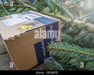 Paris, Frankreich - 7. Februar 2025: Eine Amazon Prime-Versandbox aus Karton mit gelbem Lageretikett liegt auf einer Steinoberfläche neben dem entsorgten Tannenbügel Stockfoto