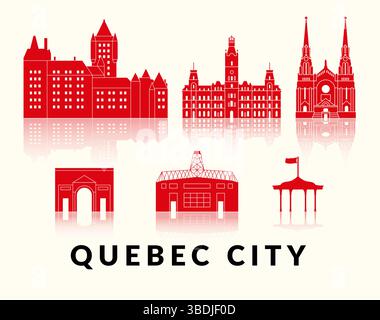 Entdecken Sie die atemberaubenden Ikonen von Quebec City, wunderschön dargestellt in einer auffälligen roten Silhouette Stock Vektor