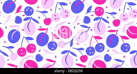 Sommer Frucht Pflaume Kirsche Muster Buntstift Bg Textur Sommer Vektor Kreide Nahtloser Abstrakter Hintergrund Organischer Mix Druck Stock Vektor