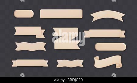 3D Band Banner Textfeld Kunststoff Titel Creme Streifen Abzeichen Kurve Label Vektor Design Set Tag Rahmen Flag Pastel Taste Stock Vektor