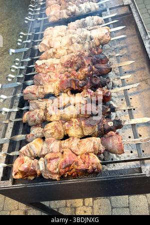 Verschiedene Fleischspieße, die auf der offenen Feuerstelle gegrillt werden Stockfoto