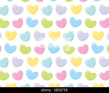 Nahtloses Muster mit farbenfrohen Herzen. Süße romantische Herzen auf weißem Hintergrund. Vektorabbildung. Stock Vektor