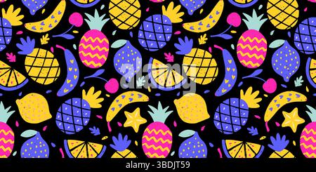 Tropische Exotische Frucht Muster Buntstift Bg Ananas Banane Zitrone Textur Sommer Vektor Kreide Nahtloser Abstrakter Hintergrund Organischer Mix Druck Stock Vektor